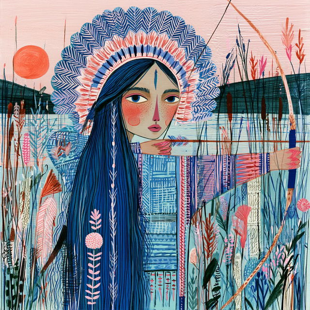 Gazeweave style, Midjourney: portrait of shaman-huntress in morning marshes