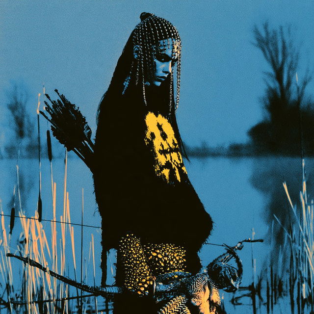 Vaporcut Radiance style, Midjourney: portrait of shaman-huntress in morning marshes