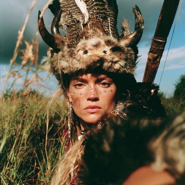 Candidark style, Midjourney: portrait of shaman-huntress in morning marshes