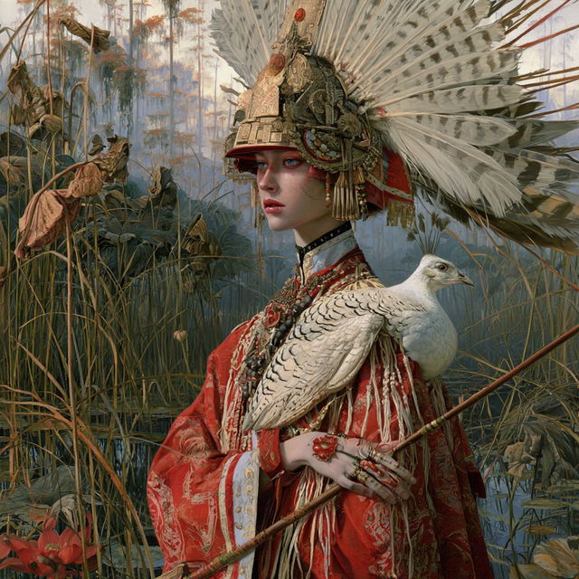 Adrienne Segur style, Midjourney: portrait of shaman-huntress in morning marshes