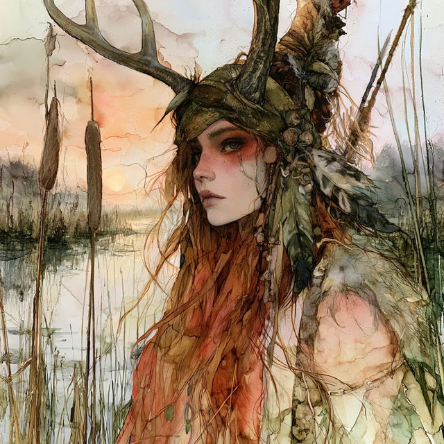 Alcohol ink style, Midjourney: portrait of shaman-huntress in morning marshes