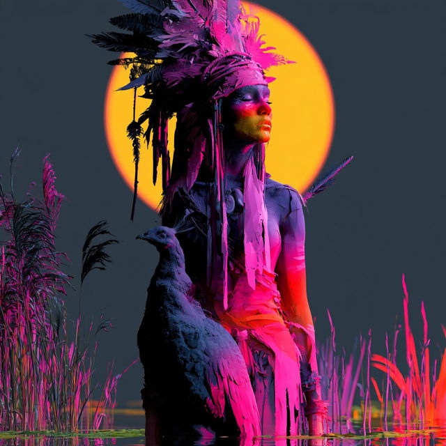 Mycoclastica style, Midjourney: portrait of shaman-huntress in morning marshes