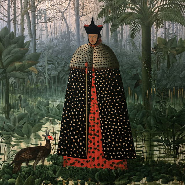 Henri Rousseau style, Midjourney: portrait of shaman-huntress in morning marshes