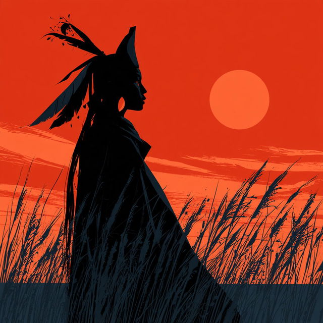 Saul Bass style, Midjourney: portrait of shaman-huntress in morning marshes