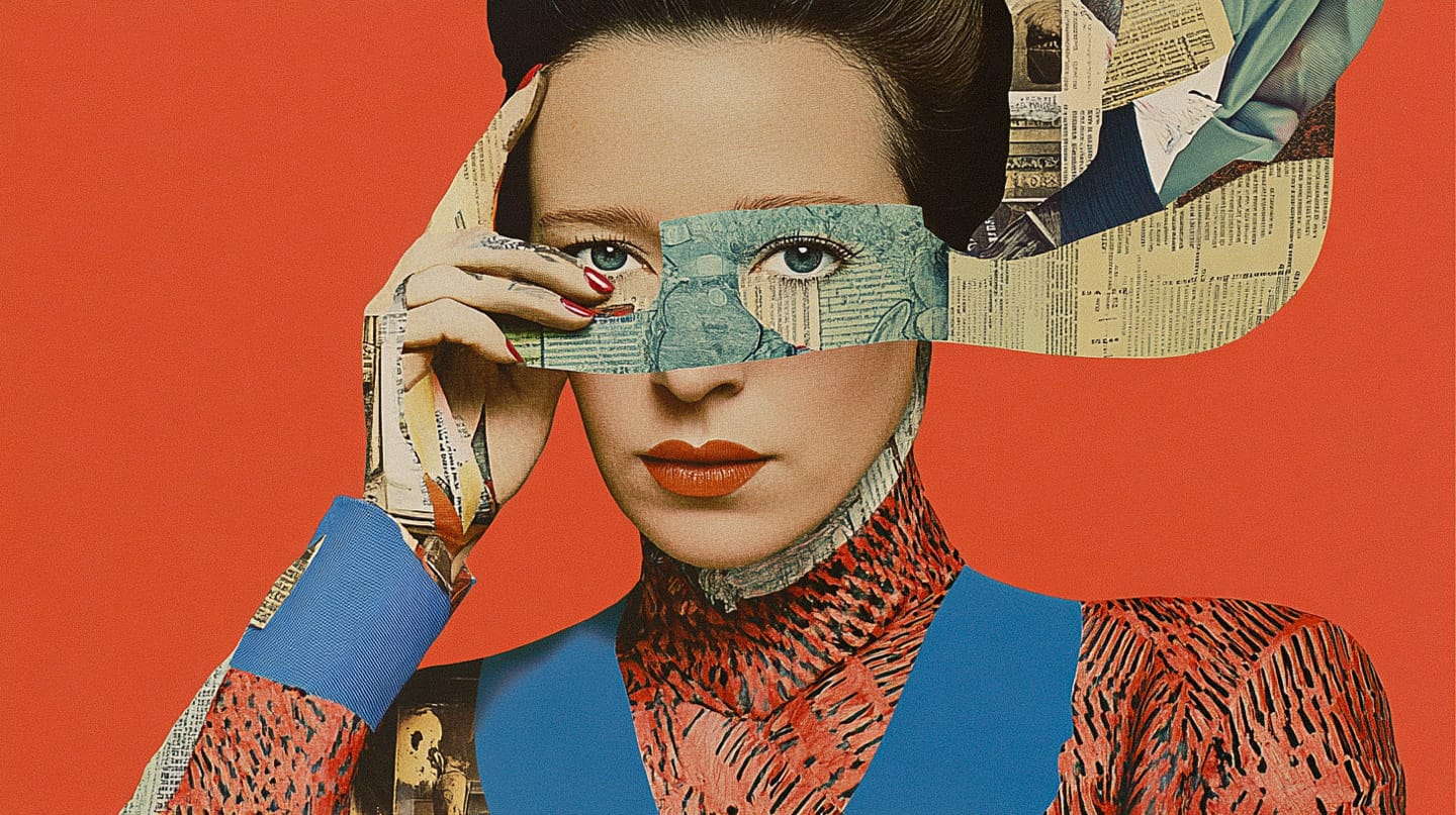 Portrait of Simone de Beauvoir in a magazine cutout collage, bold red and blue palette