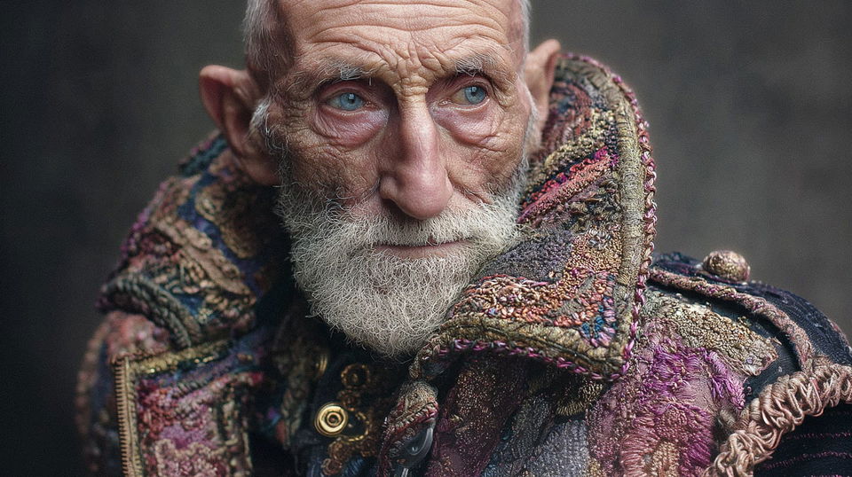 Wise Georgian shepherd in an embroidered oversized coat, in the style of Miroslav Tichy