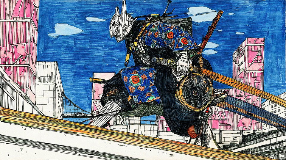 Futuristic urban mechanized ninja in dynamic fine-line illustration, vivid blue and pink palette