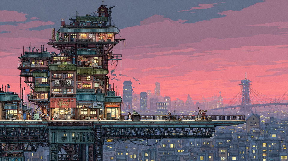 Layered rooftop above a cyberpunk megacity at dusk, pixelated 2D game art in pink-blue light