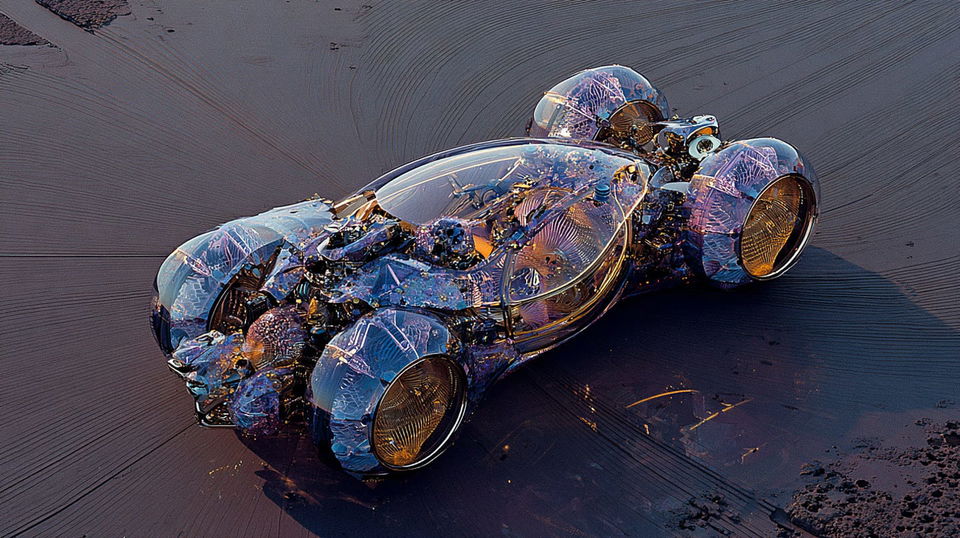 Futuristic vehicle rendered in translucent glass and metal with blue-purple hues and dramatic light