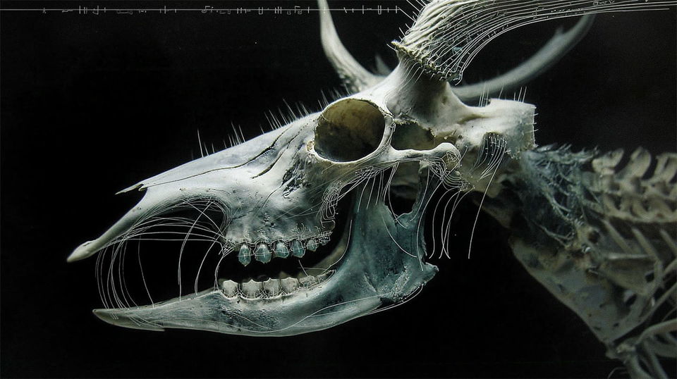 Otherworldly deer skull in a scientific documentary photograph, dark monochrome lighting