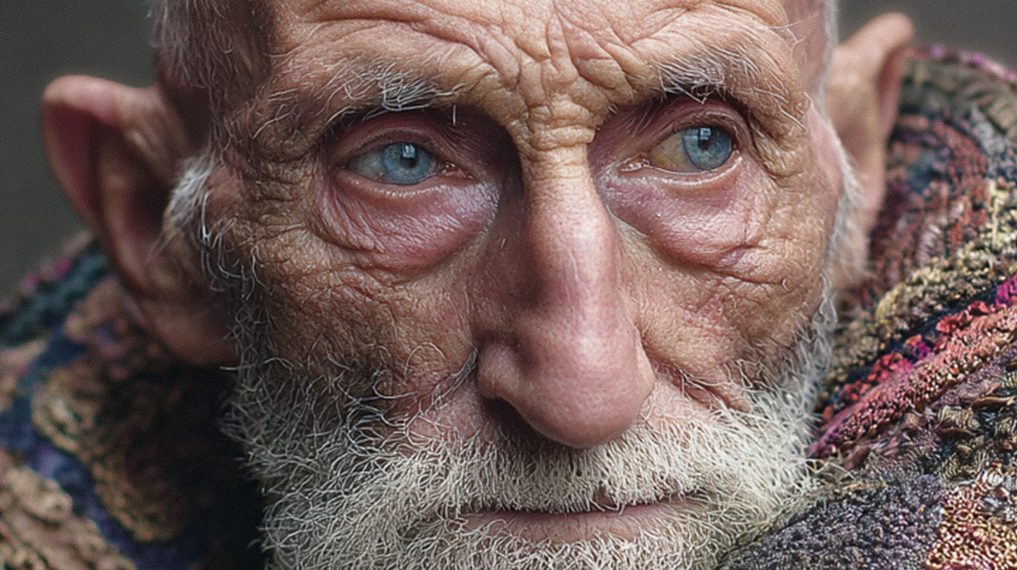 Wise Georgian shepherd in an embroidered coat, close-up photo with natural light and muted colors