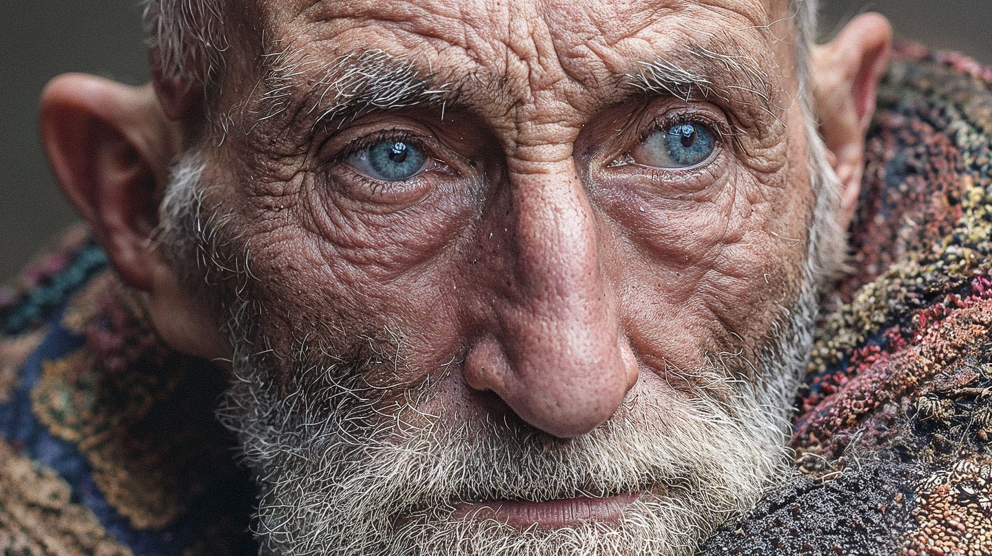 Wise Georgian shepherd in an embroidered oversized coat, close-up photograph with natural light