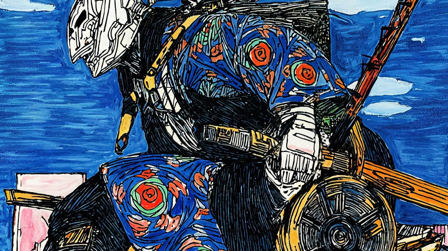 Futuristic mechanized ninja in fine-line illustration with bold blue, orange, and black