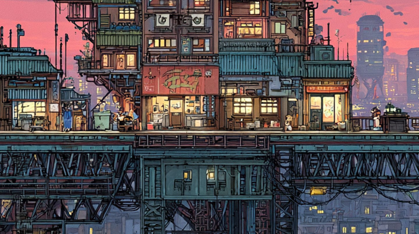 Pixelated rooftop game level above a cyberpunk city at dusk, in a warm neon palette
