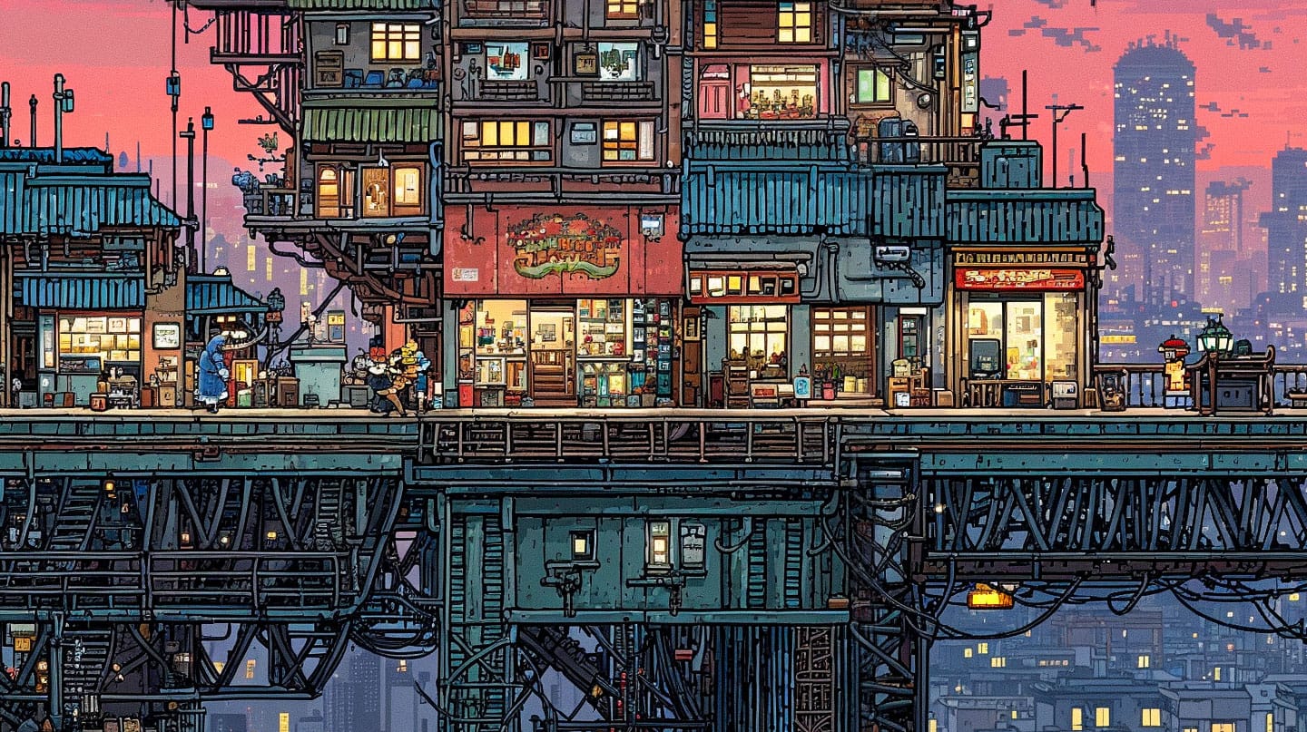 Pixelated 2D rooftop game level above a cyberpunk city at dusk, in Tekkonkinkreet style