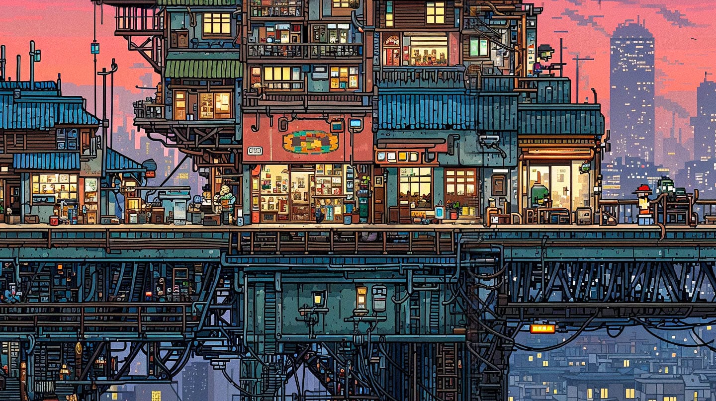 Layered rooftop cyberpunk game level in pixel art, pink dusk palette and detailed lighting