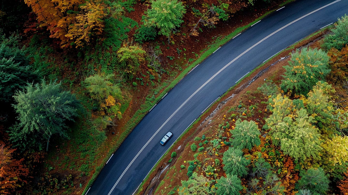 Winding road through autumn hills and forest, aerial photography in vivid fall colors