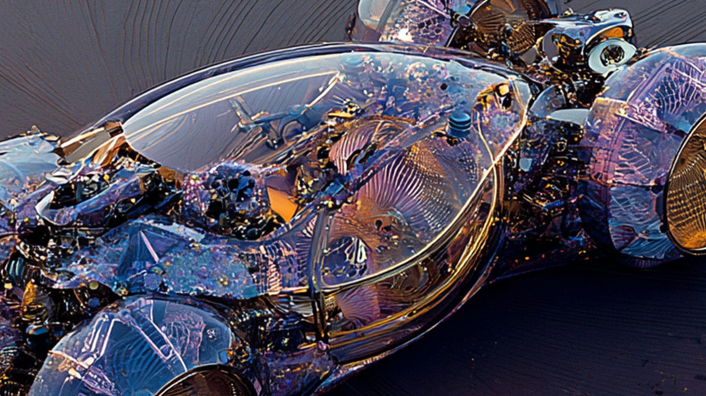 Futuristic vehicle in a glossy 3D render with iridescent blue and gold surfaces