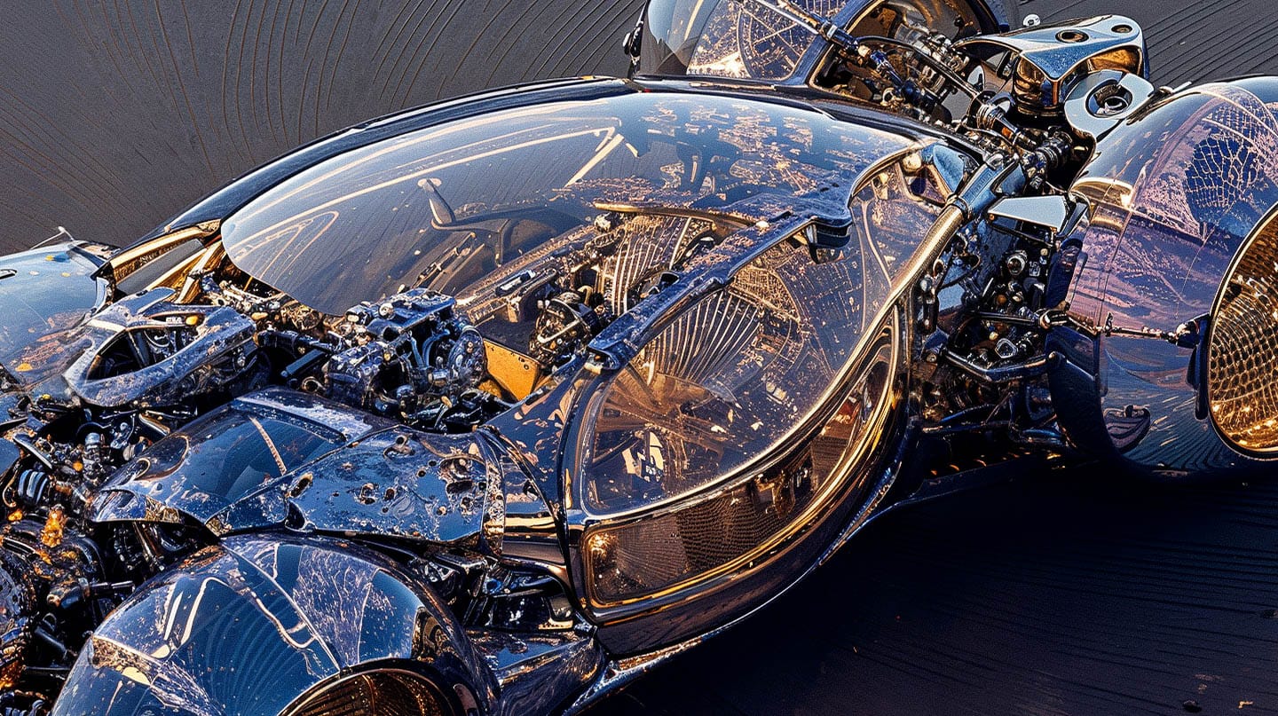 Advanced futuristic vehicle in a detailed 3D render, metallic blue and gold with reflective light