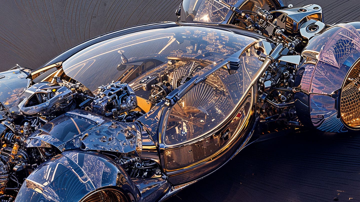 Advanced futuristic vehicle in a detailed 3D render with metallic blue surfaces and warm highlights