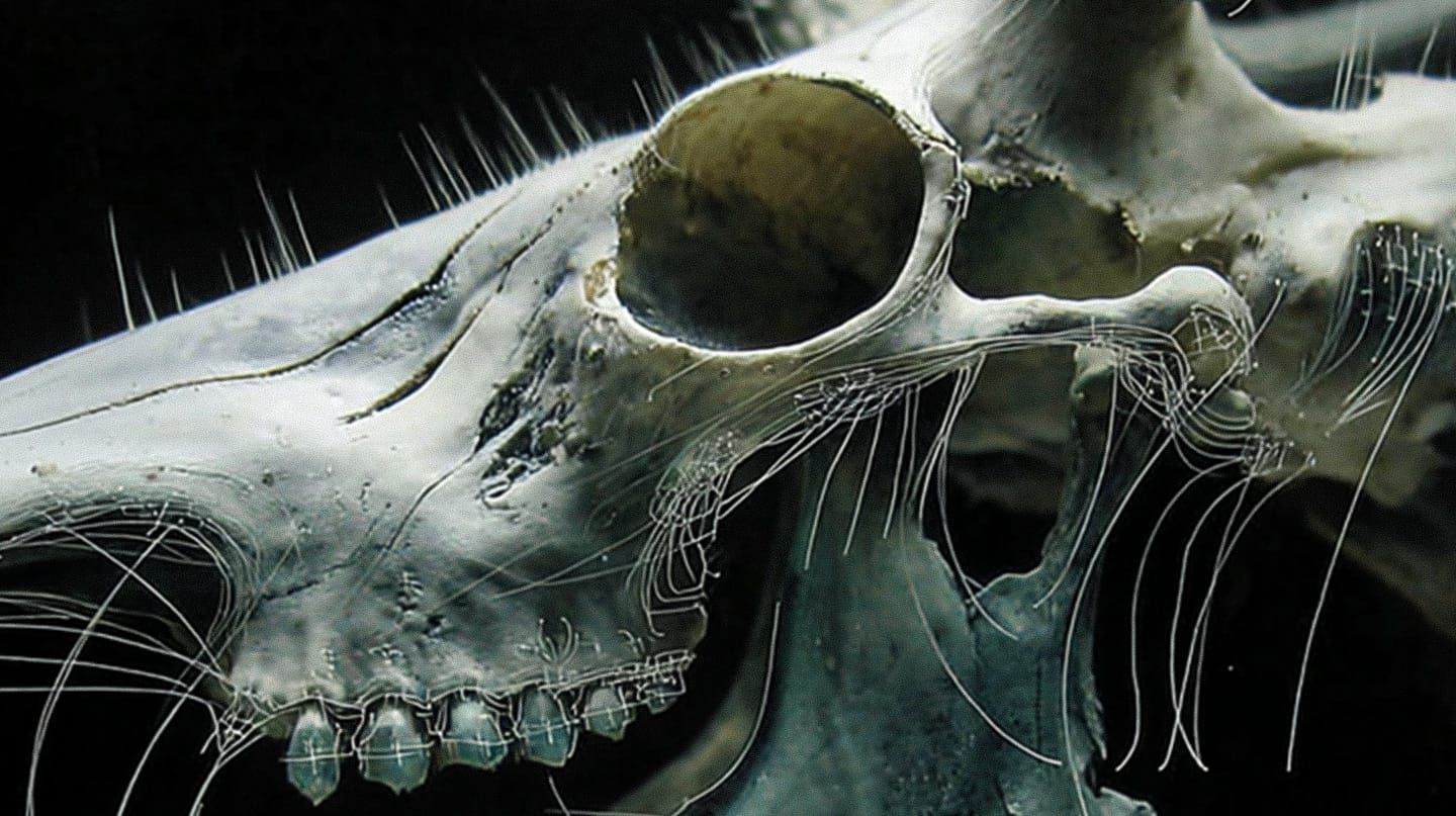 Otherworldly deer skull in a scientific photograph, starkly lit in muted green and bone-white tones