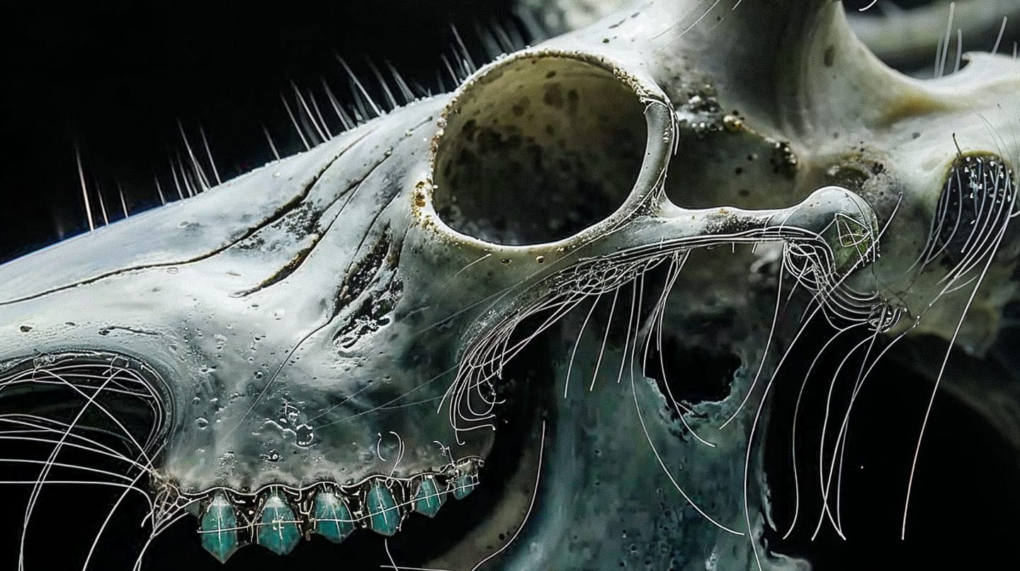 Otherworldly deer skull in a scientific documentary photograph, dark palette and stark lighting