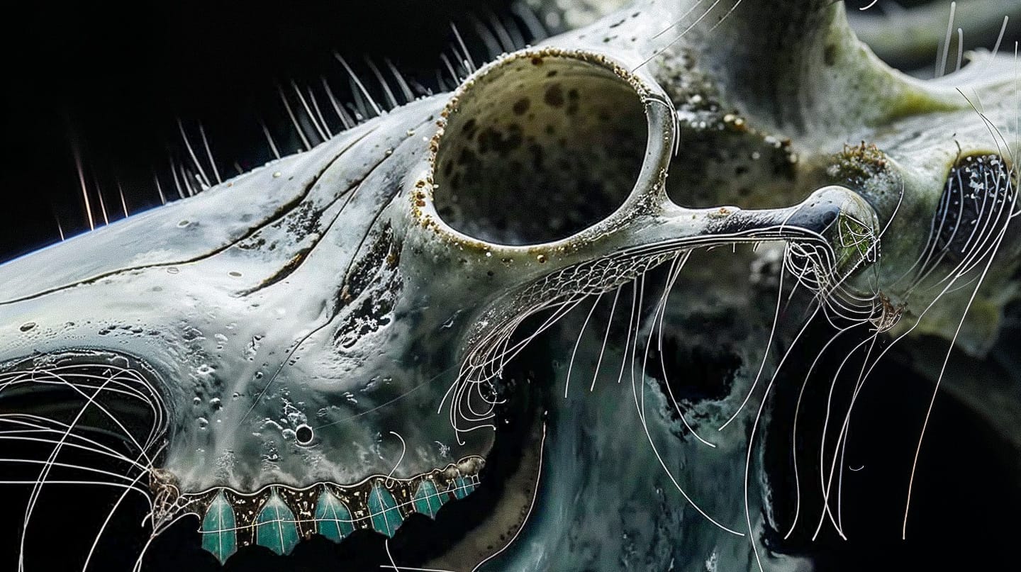 Otherworldly deer skull in a scientific documentary photograph, cool palette and stark lighting