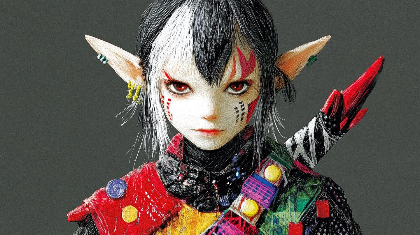 Pale elf-like figure with split black-white hair, vivid makeup and red-green costume