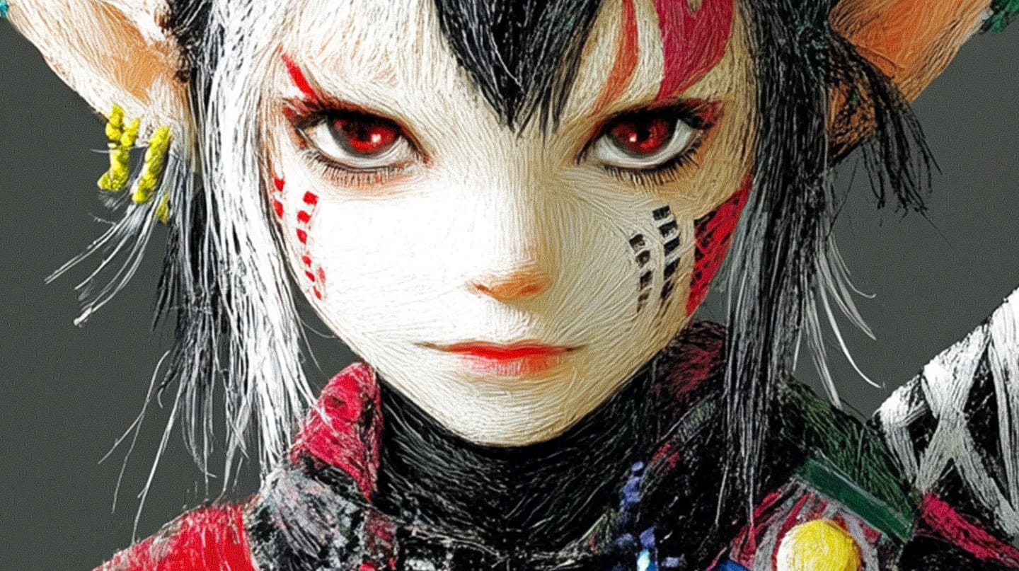 Dark elf fantasy character with red eyes, rendered as detailed RPG concept art on a dark background