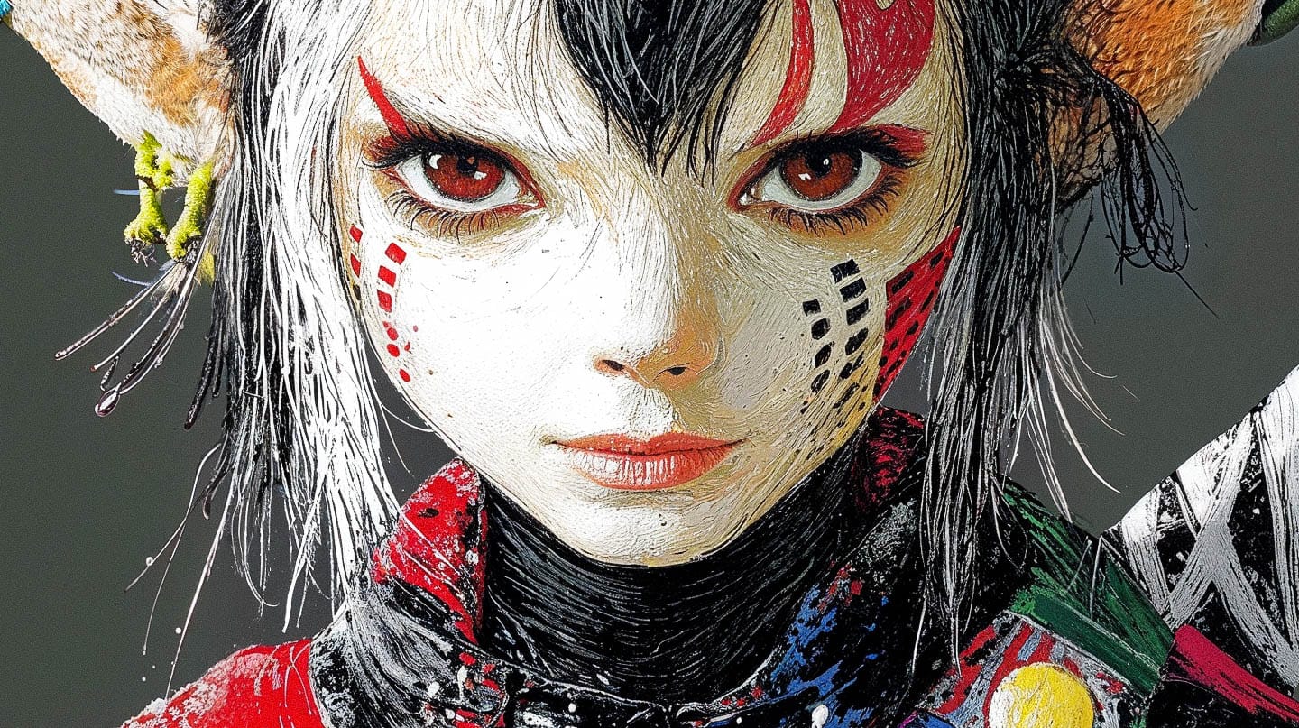 Dark elf fantasy character with face markings, rendered as detailed RPG concept art in vivid colors
