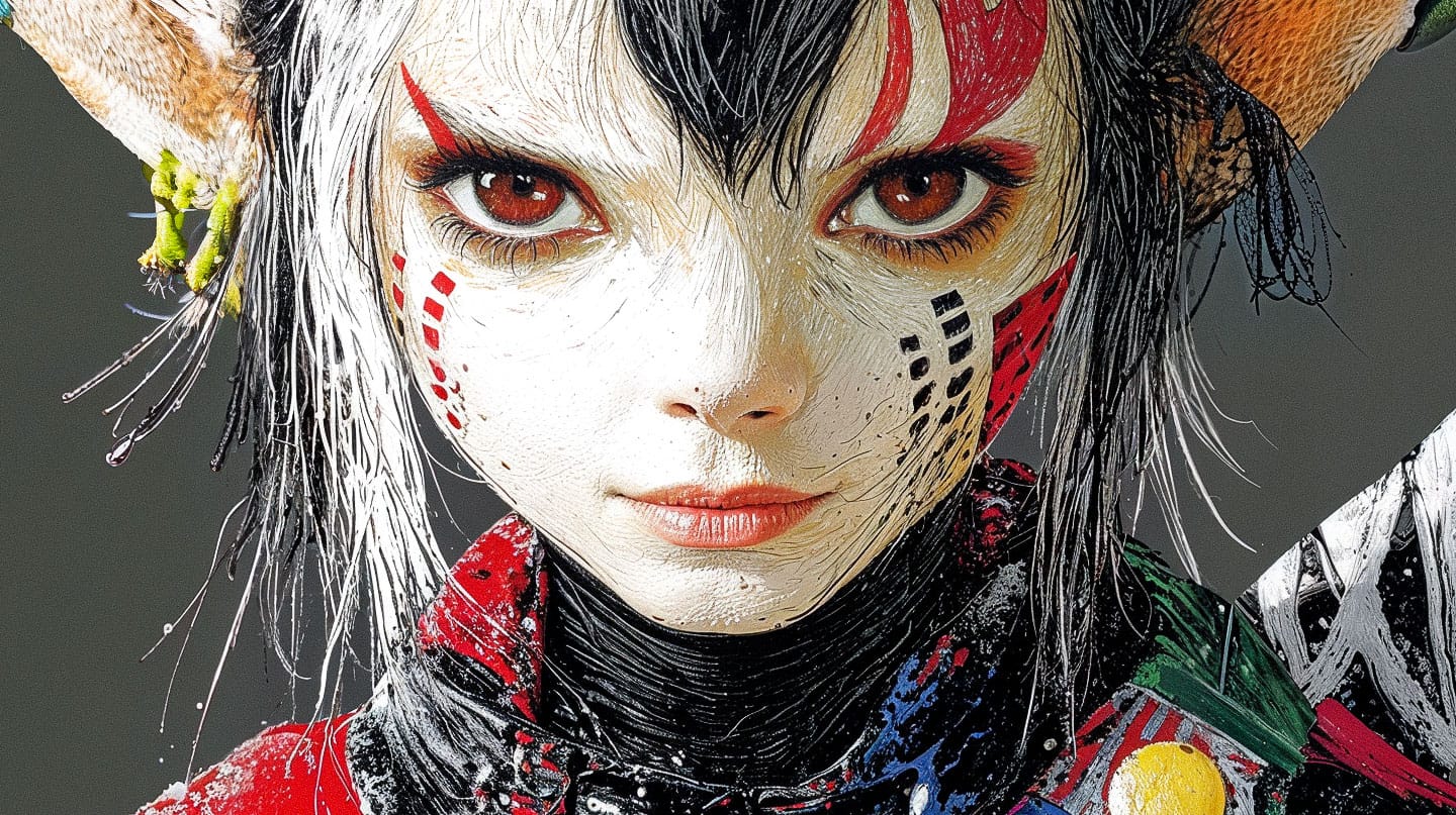 Dark elf RPG character with white skin, red eyes, graphic markings, and vivid fantasy costume