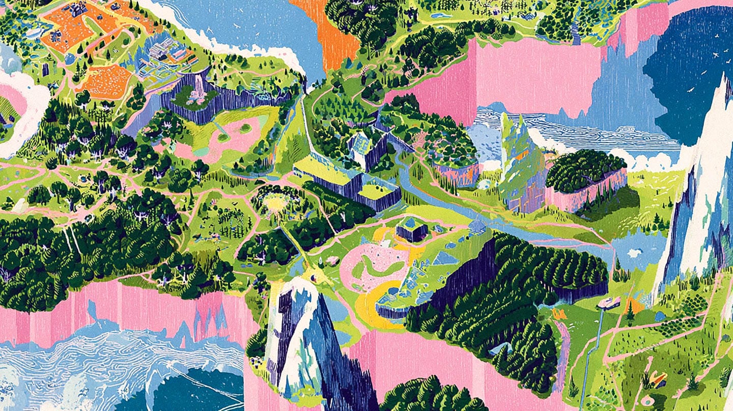 Minimalist video game map with parks, cliffs, lakes and paths in a vivid illustrated palette