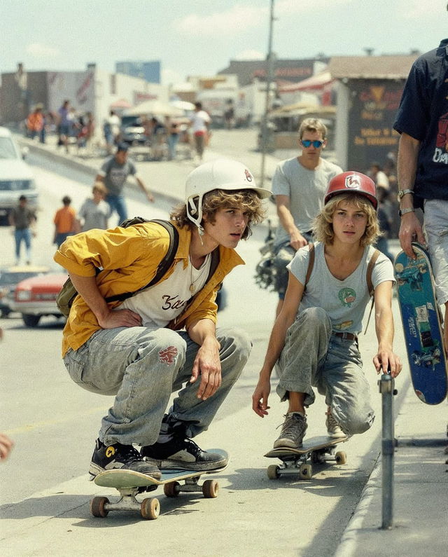 Young skaters in a realistic 1970s-style photograph with warm, sunlit colors