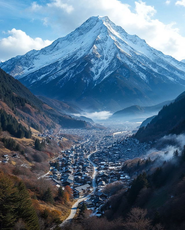 Japanese mountain village beneath a snow-capped peak, aerial photograph in cool blue light