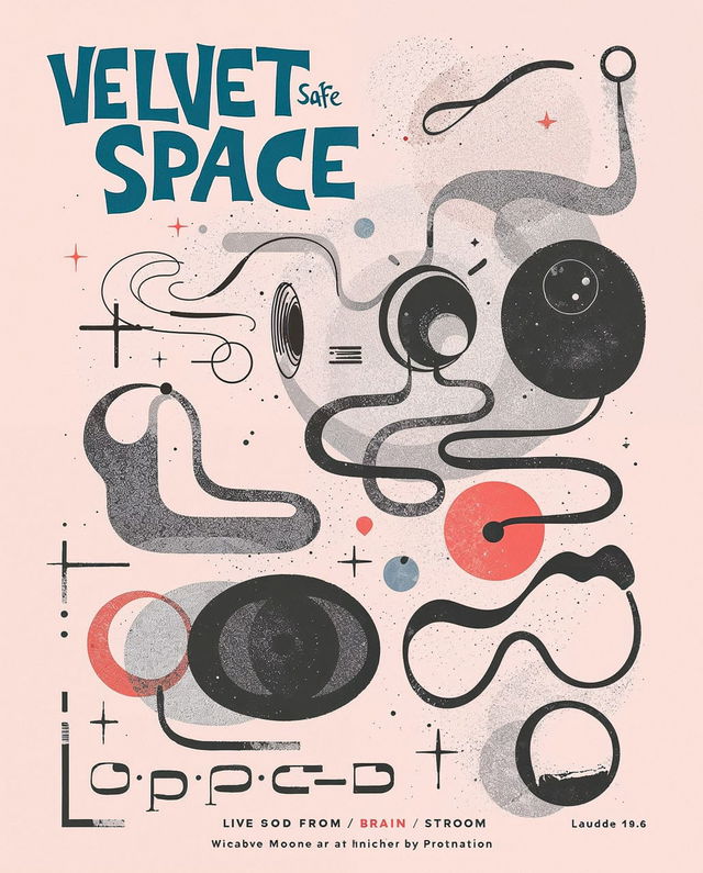 Indie band promo poster with headphones and abstract forms in grainy teal, coral, black and pink
