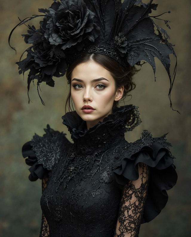 Young woman in intricate black Gothic haute-couture dress and floral headpiece, softly lit