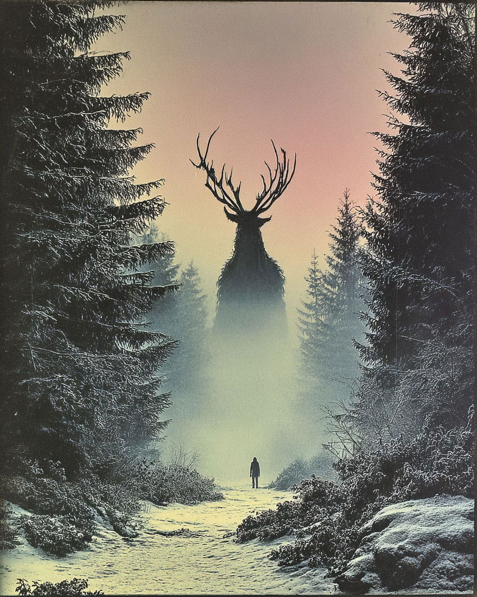 Antlered mythical creature in a snowy pine forest, silhouetted in misty pastel light
