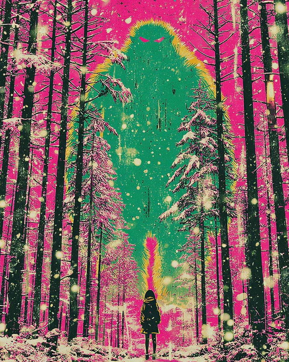 Mythical green creature in a snowy forest, rendered in a vivid neon screen-print palette