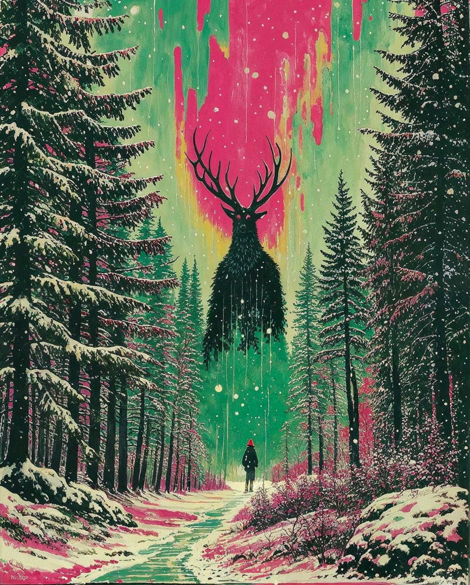 Antlered stag in a pine forest with a distant traveler, vivid graphic colors and glowing light
