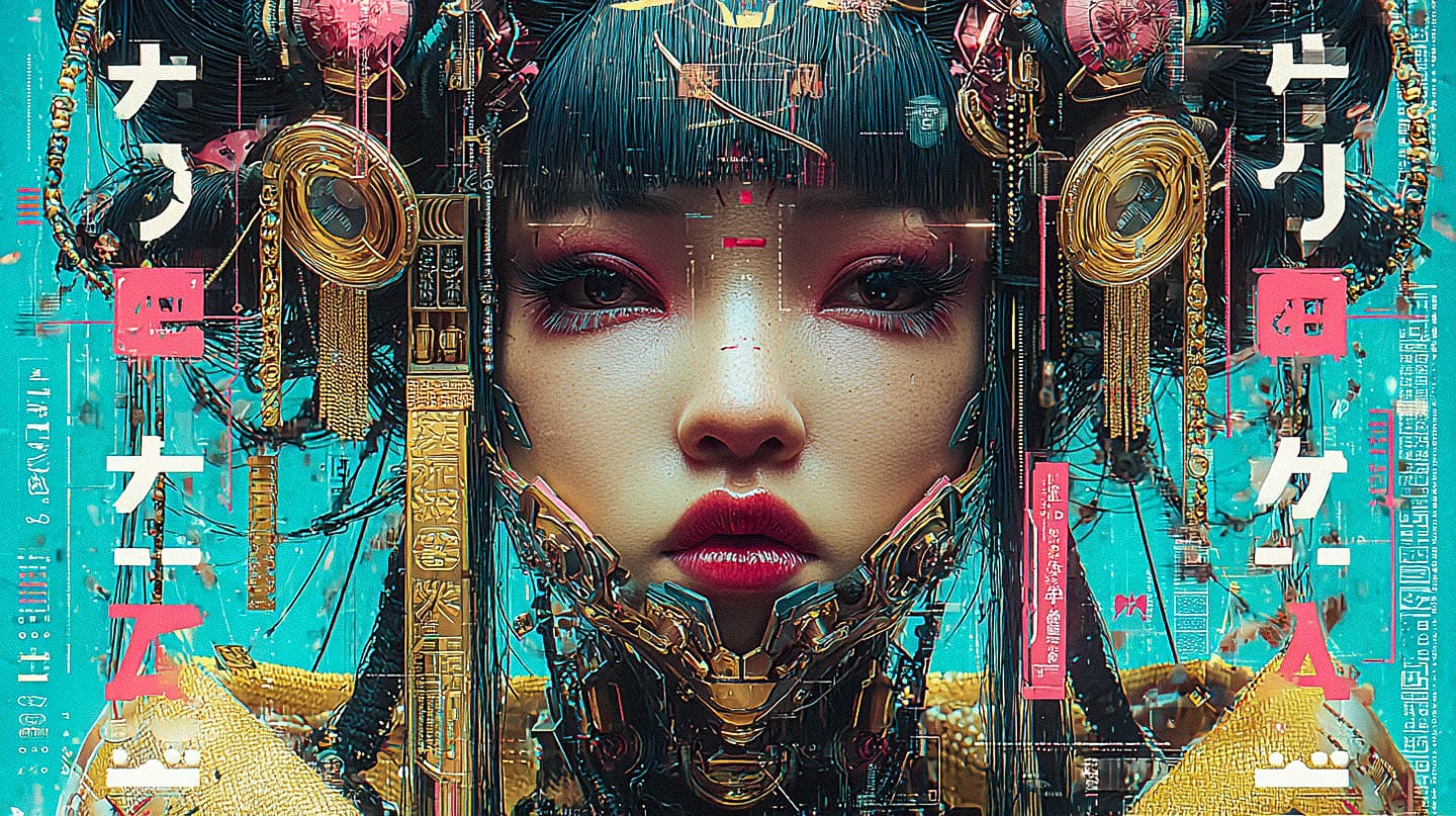 Cybernetic techno-gothic geisha portrait in vivid turquoise and pink, metallic details, sharp light