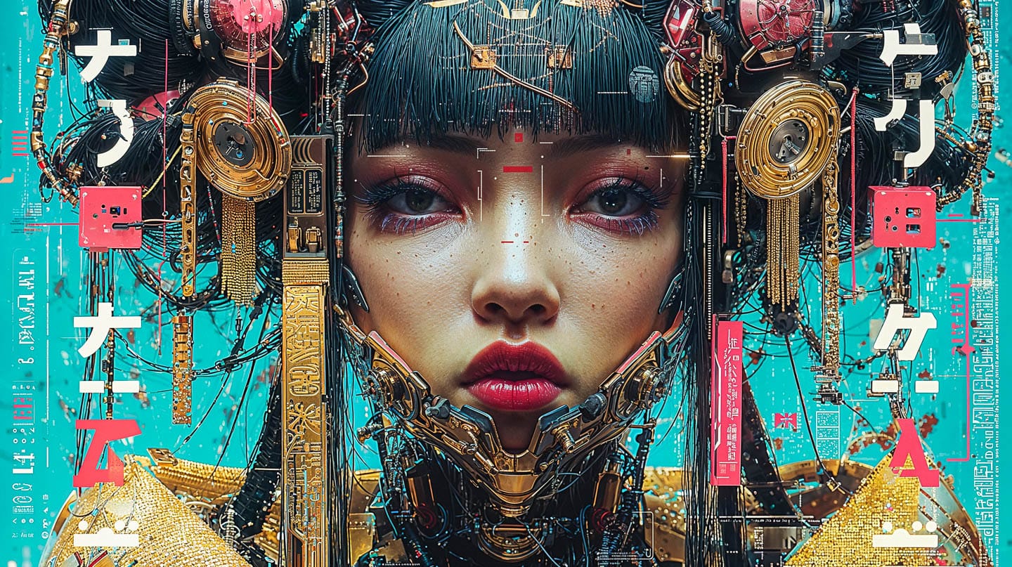 Cybernetic geisha portrait in ultra-realistic photography, turquoise-gold palette with vivid light