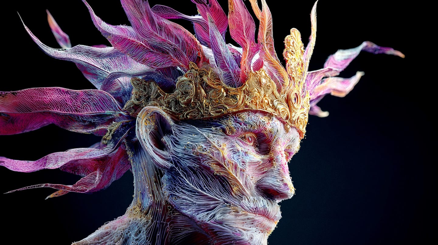 Biopunk king in an intricate crown and mask, photorealistic portrait with vivid neon filaments