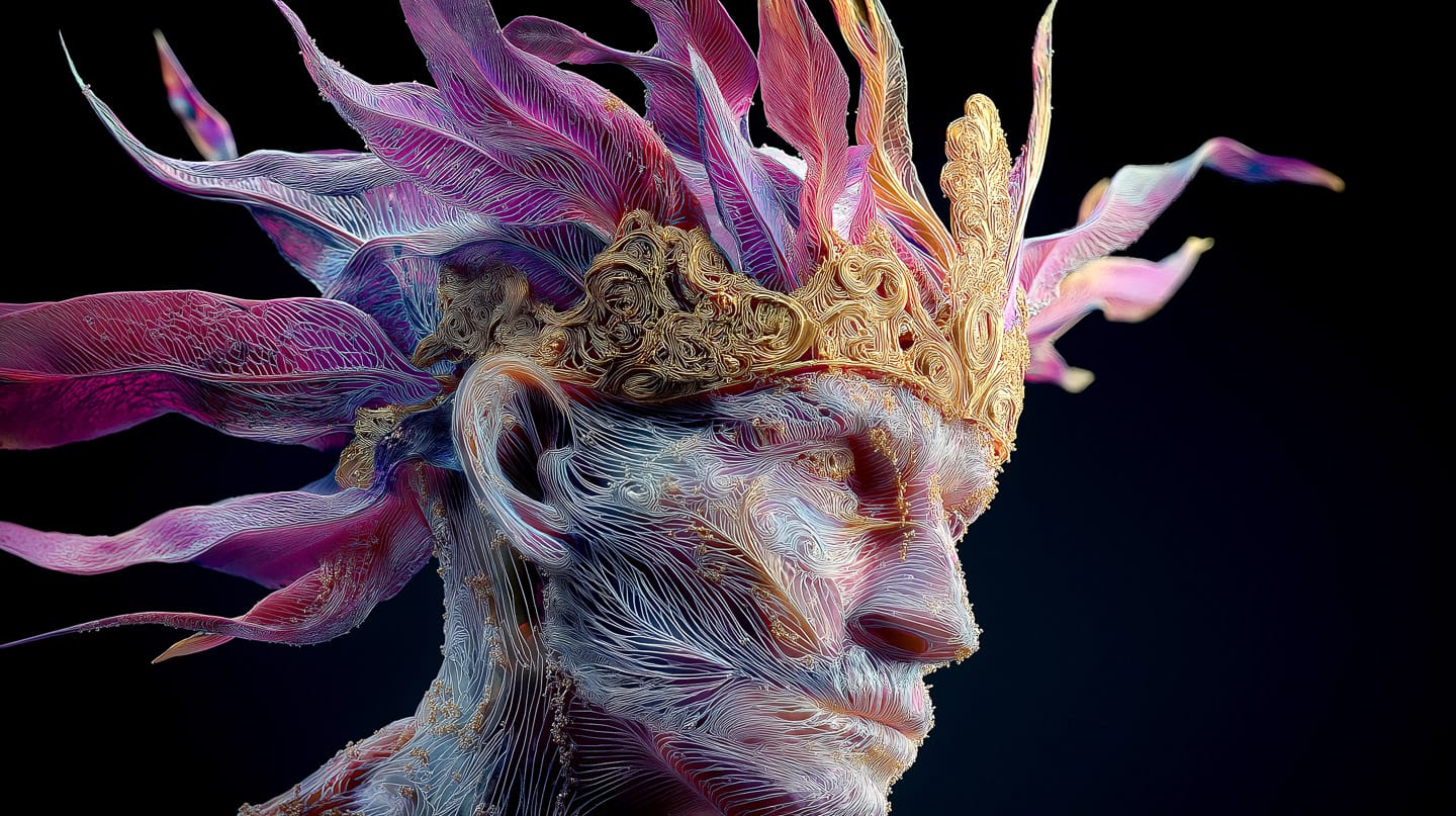 Biopunk king in an intricate mask and crown, photorealistic portrait with vivid neon colors