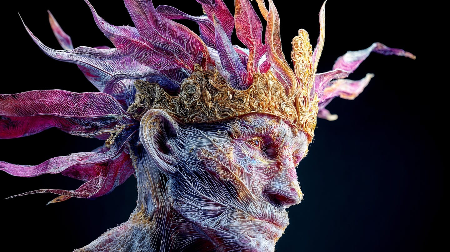Biopunk king in an intricate crown and mask, photorealistic with vivid pink, blue, and gold detail