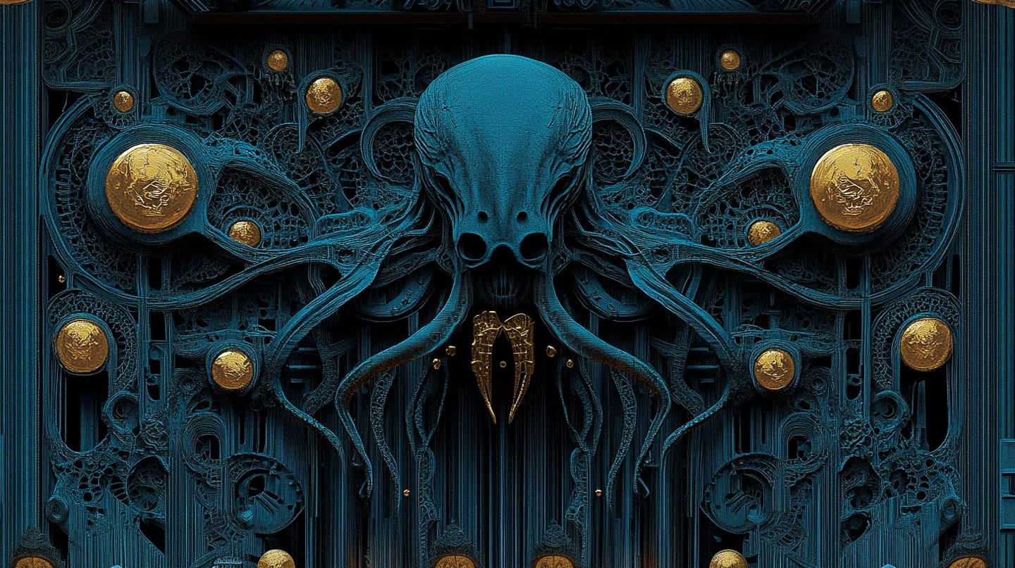 Cthulhu-like mechanical pattern with golden elements, intricate teal and black metalwork