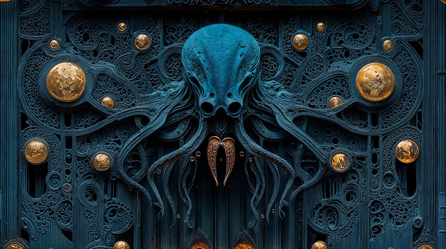 Cthulhu-like mechanical pattern with golden orbs, ornate dark teal metal and dramatic lighting