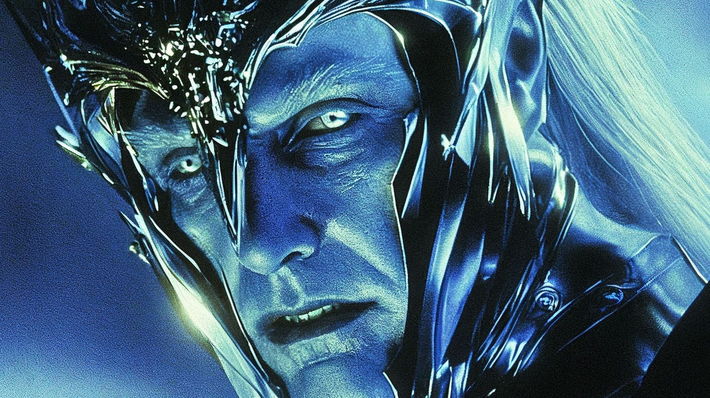 Sauron in a 1920s cinematic portrait, blue-toned with metallic highlights and dramatic light