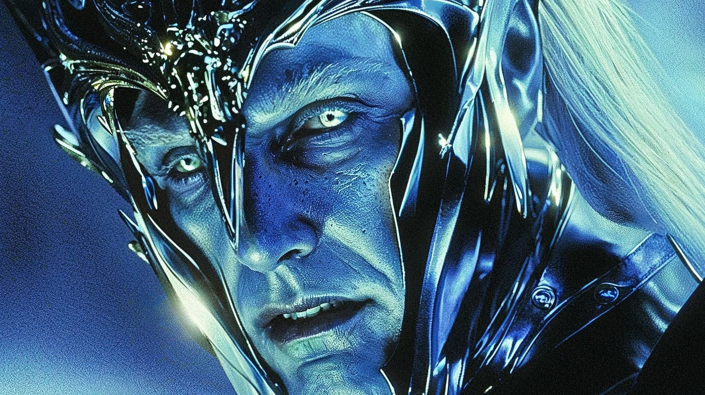 Sauron in a 1920s classical cinematic portrait, with metallic armor and icy blue HDR lighting