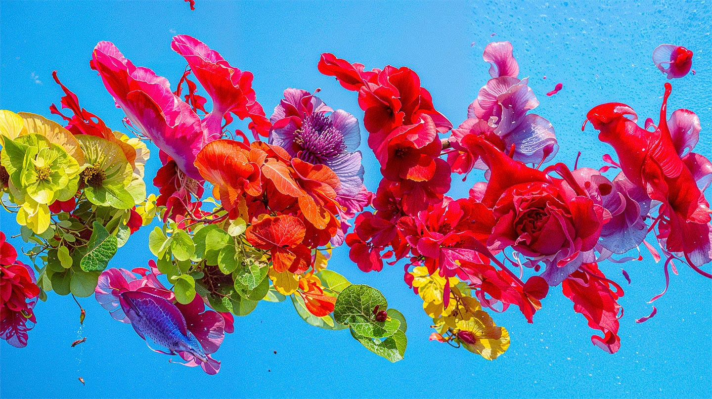 Merging flowers and leaves with fish-like forms, a vivid 3D render in bright colors on blue