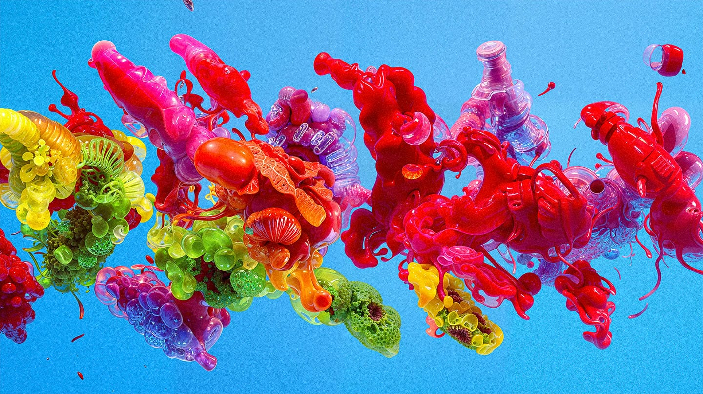 Biotech-like abstract forms merging in vivid glossy 3D render, brightly lit against light blue
